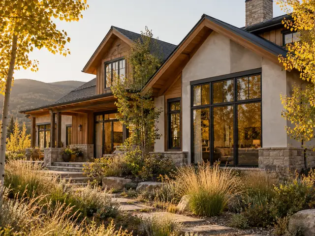 Illustrative home surrounded by trees, with warm wood and a modern exterior